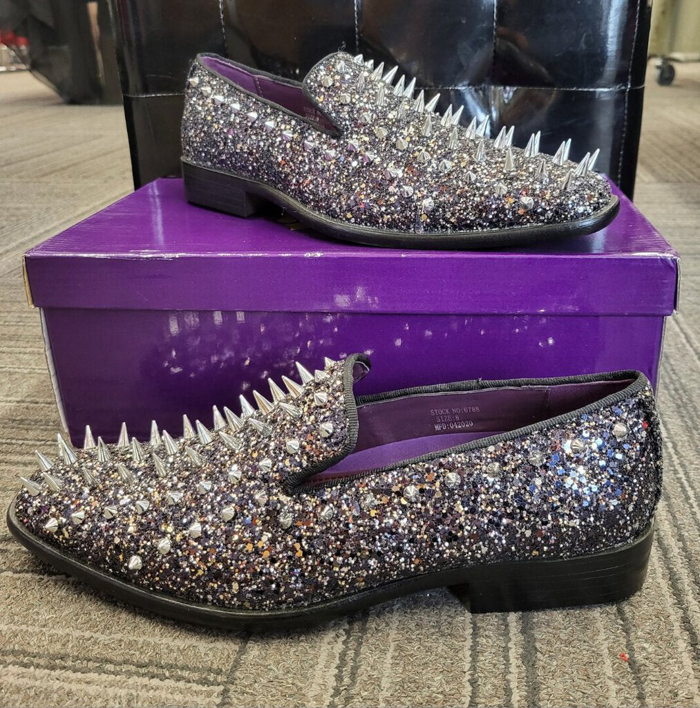 After Midnight Studded Grey Sparkle Loafers, Size: M8 L10