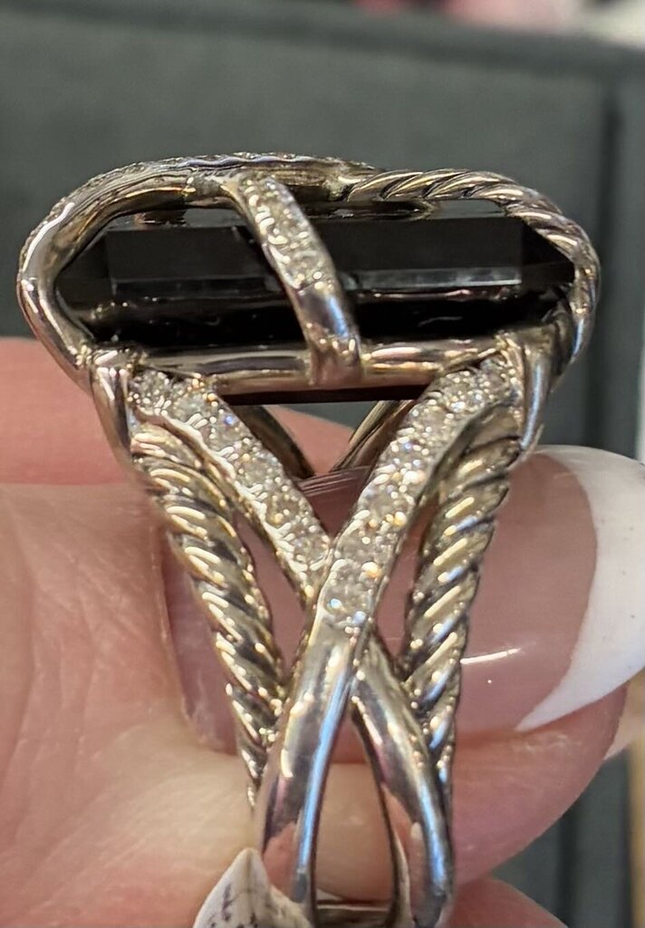 David Yurman Sterling Silver Cable Wrap Onyx & Diamond Cocktail Ring Size 7