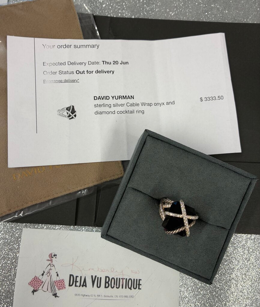 David Yurman Sterling Silver Cable Wrap Onyx & Diamond Cocktail Ring Size 7