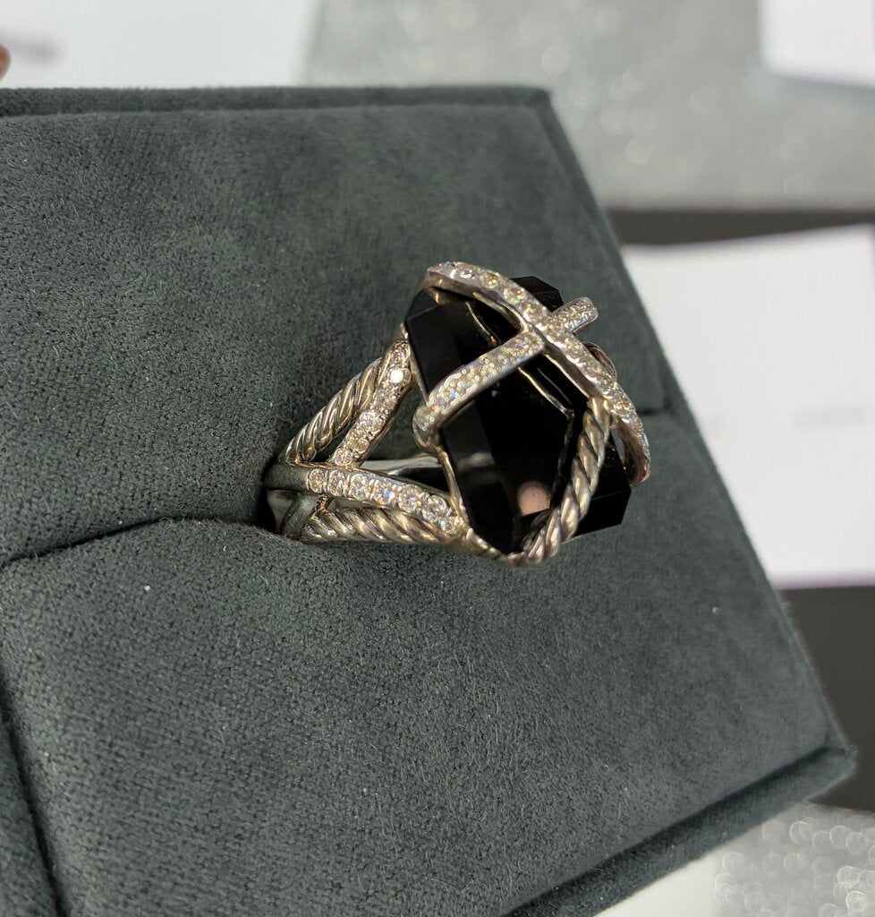 David Yurman Sterling Silver Cable Wrap Onyx & Diamond Cocktail Ring Size 7