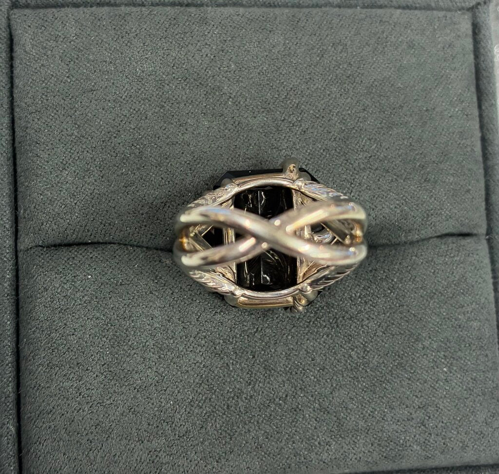 David Yurman Sterling Silver Cable Wrap Onyx & Diamond Cocktail Ring Size 7