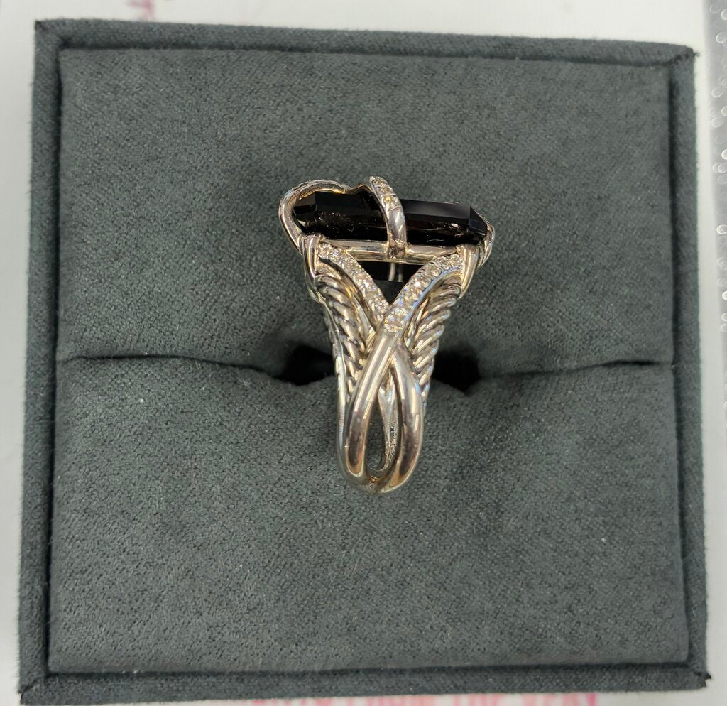 David Yurman Sterling Silver Cable Wrap Onyx & Diamond Cocktail Ring Size 7