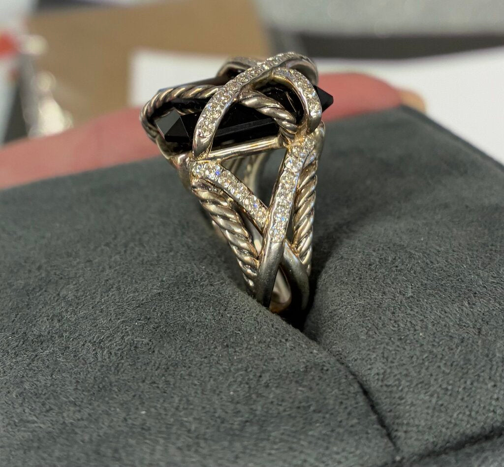 David Yurman Sterling Silver Cable Wrap Onyx & Diamond Cocktail Ring Size 7