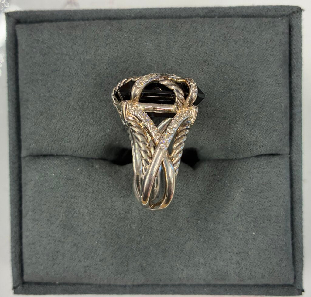 David Yurman Sterling Silver Cable Wrap Onyx & Diamond Cocktail Ring Size 7