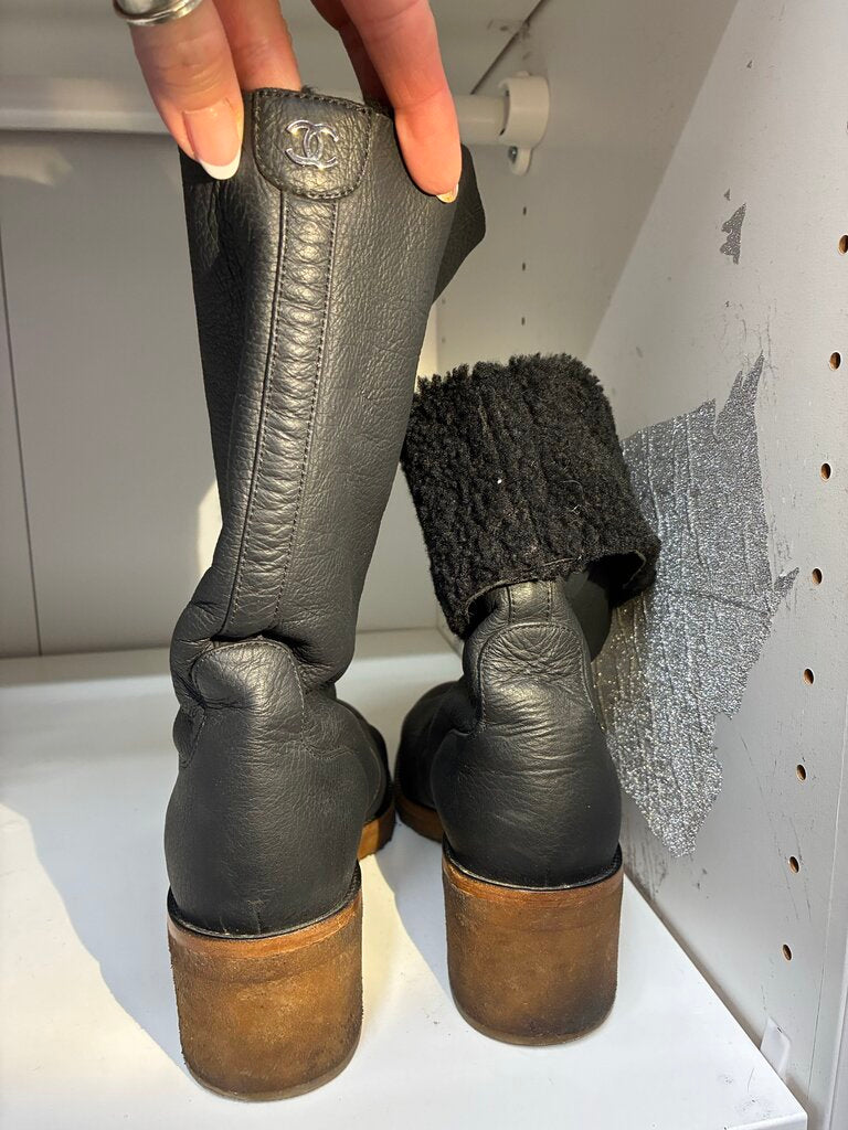 Chanel Shearling Boots, Black, Size: 41-10