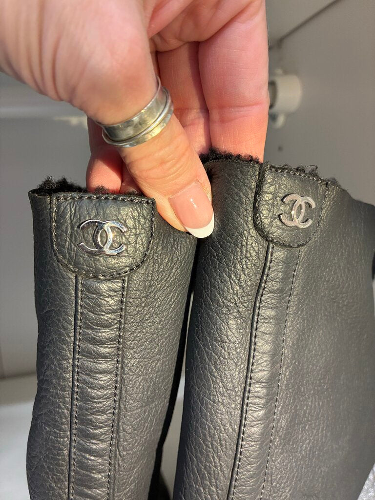 Chanel Shearling Boots, Black, Size: 41-10