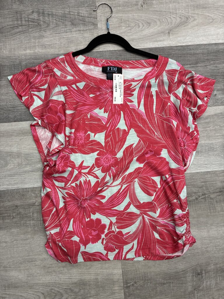 1?2 PRICE NOW! FDJ Floral Short Sleeve Top Pink Grey Sixe M