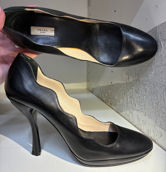 Prada Leather Platform Scalloped Edge Pumps
