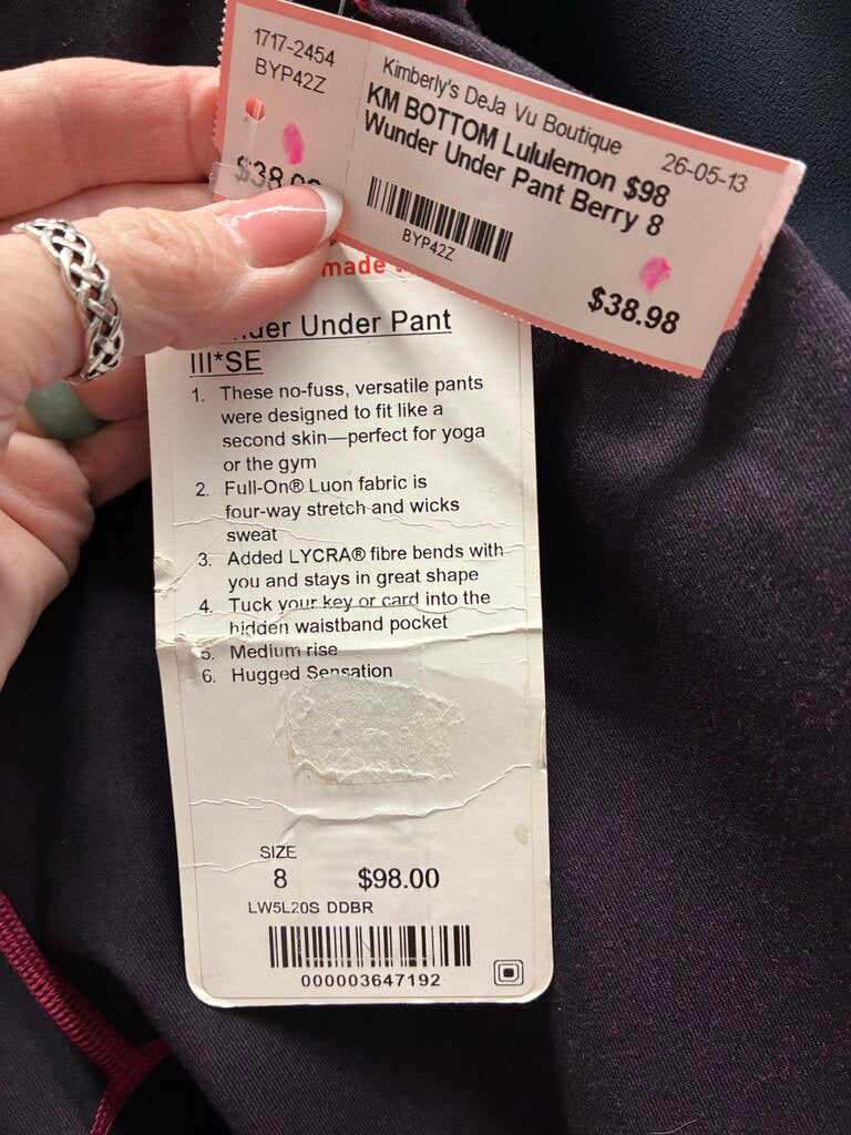 Lululemon Wunder Under Pant in Berry Colour Size 8