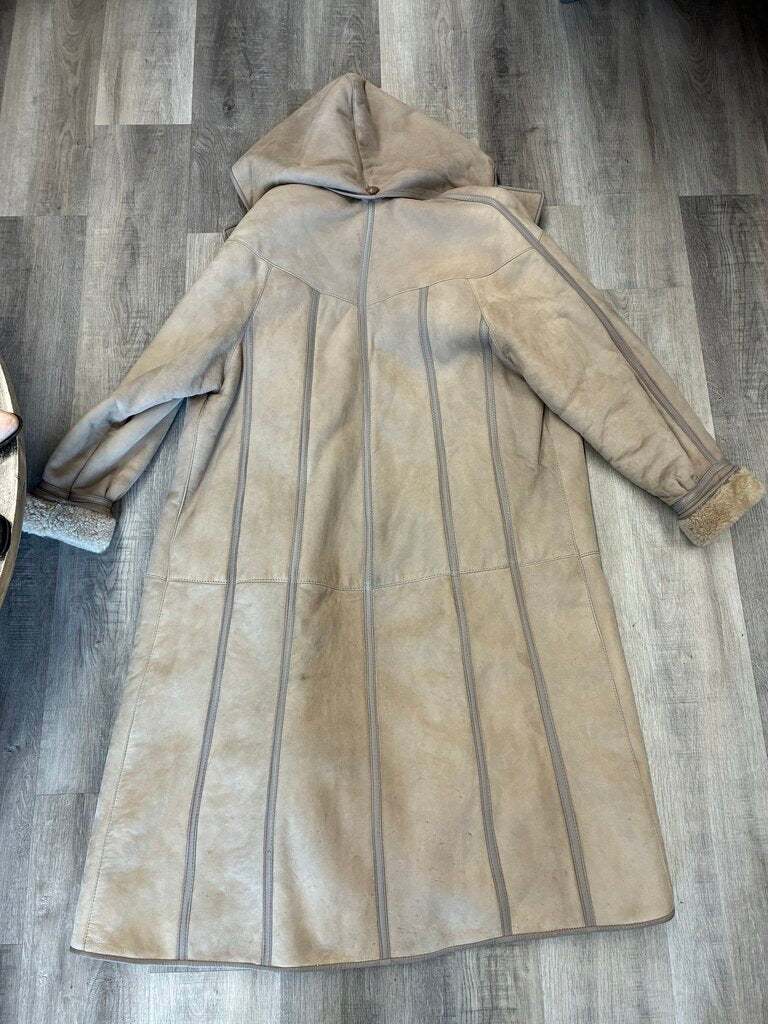 Hooded 100% Shearling Leather Coat Size 44 Fits 14-18