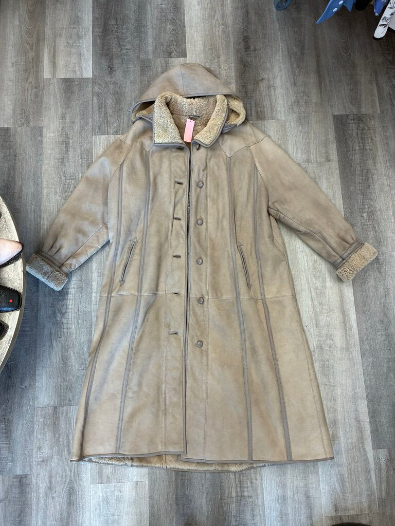 Hooded 100% Shearling Leather Coat Size 44 Fits 14-18